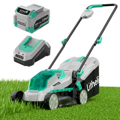 LiTHELi front view of mower showing compact deck and portability benefit