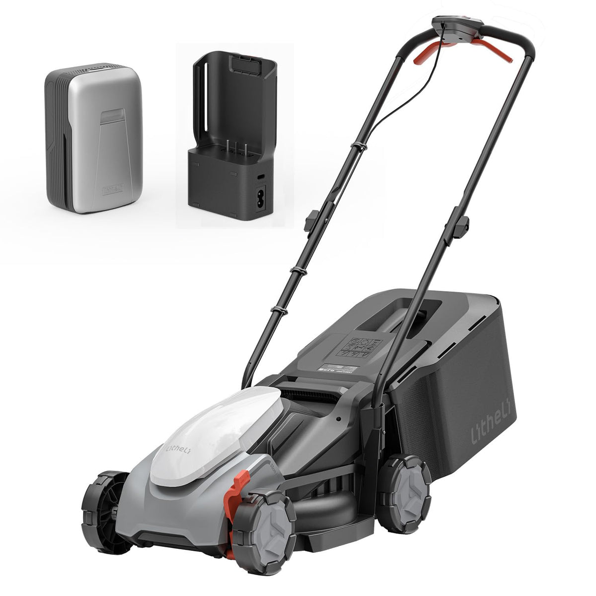 LiTHELi front view showing mower and collected grass, clear yard result