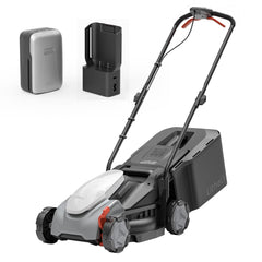 LiTHELi front view showing mower and collected grass, clear yard result
