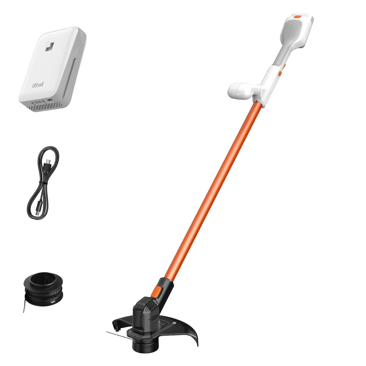 LiTHELi front view of 12-inch cordless trimmer showing whole tool and battery, easy portability
