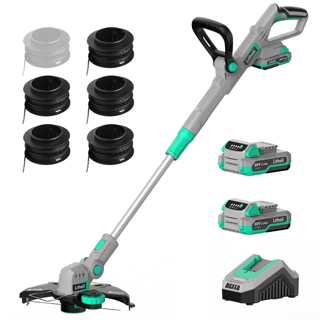 LiTHELi front view of trimmer showing compact design and 12-inch head for efficient mowing