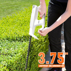 Person using LiTHELi trimmer with ergonomic D-handle for reduced wrist strain