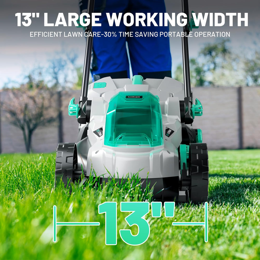 LiTHELi mowing a small yard showing quiet operation and efficient trimming