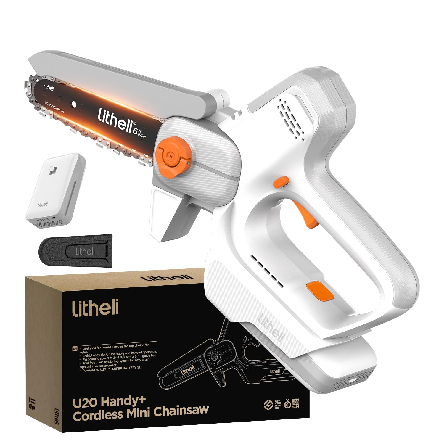LiTHELi mini chainsaw front view showing compact design and easy storage benefit