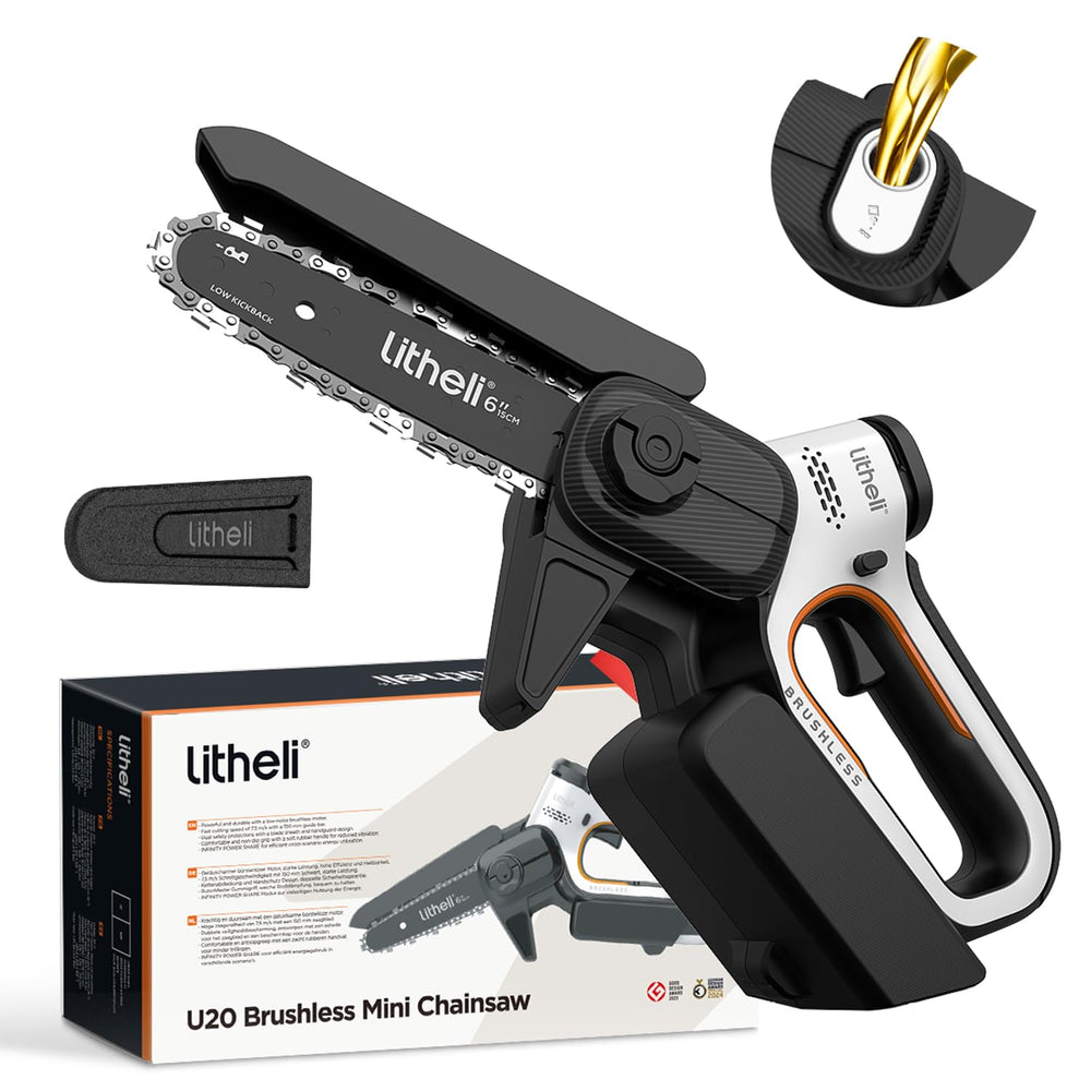 LiTHELi mini chainsaw front view showing compact design and easy handling benefit