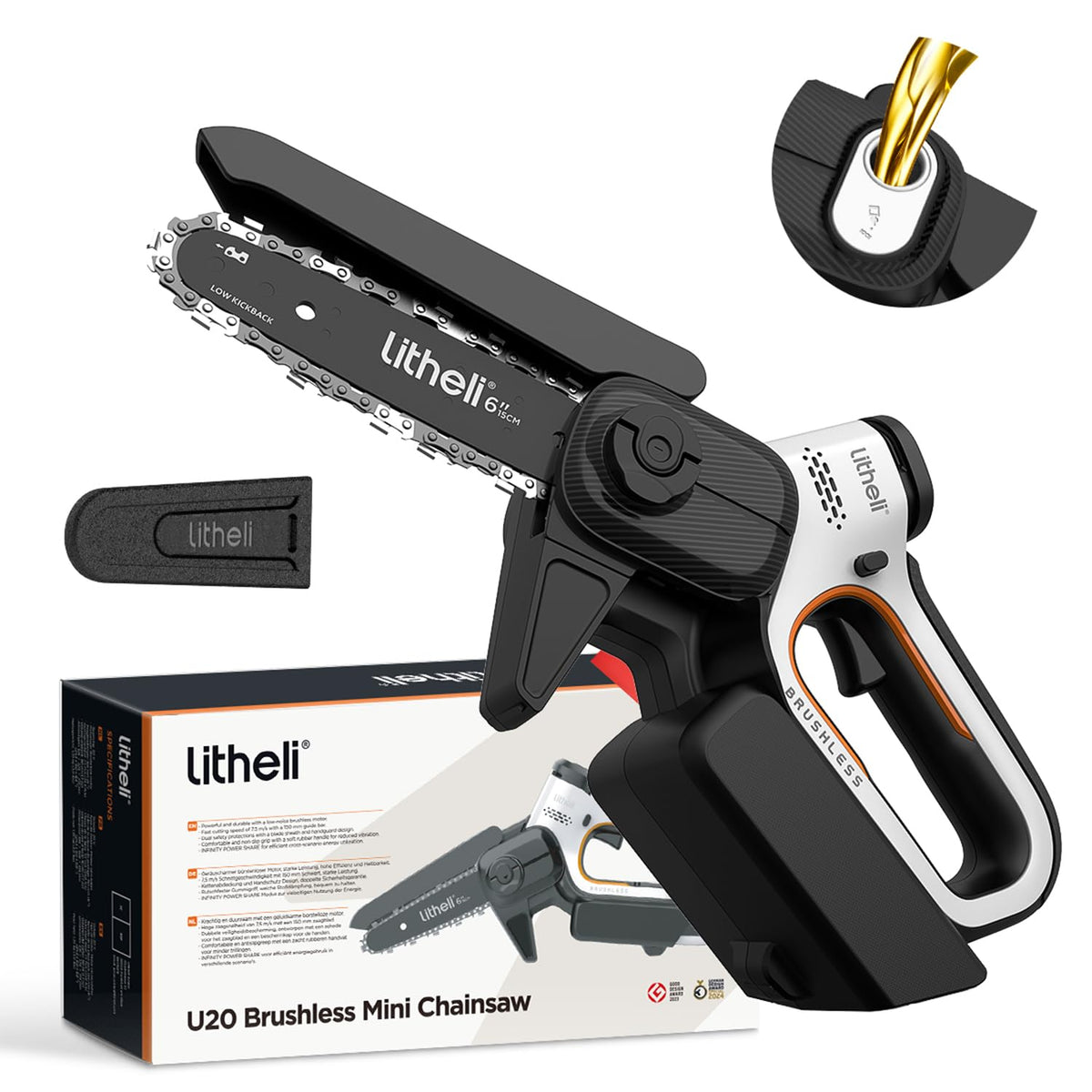 LiTHELi mini chainsaw front view showing compact design and easy handling benefit