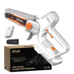 LiTHELi mini chainsaw front view showing compact design and easy storage benefit