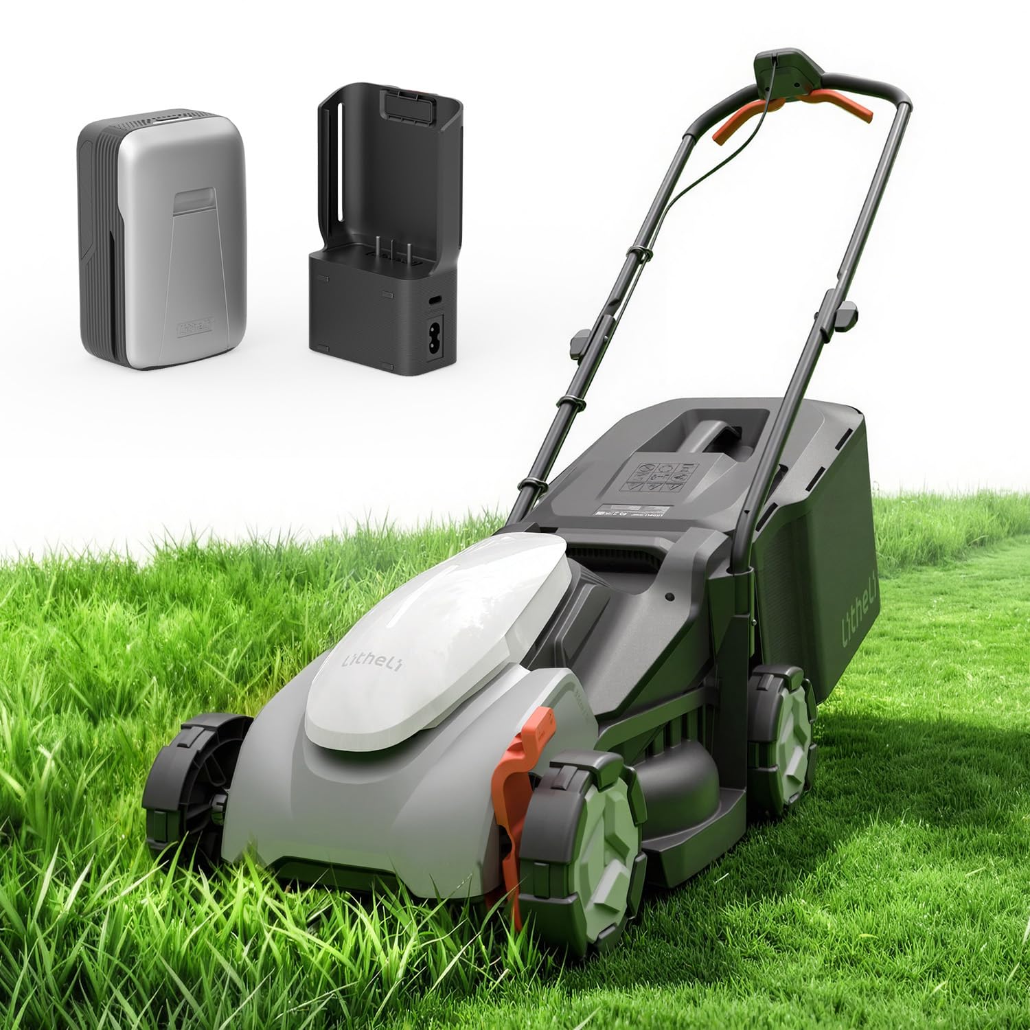 LiTHELi mower front view showing compact deck and ergonomic profile benefit convenience