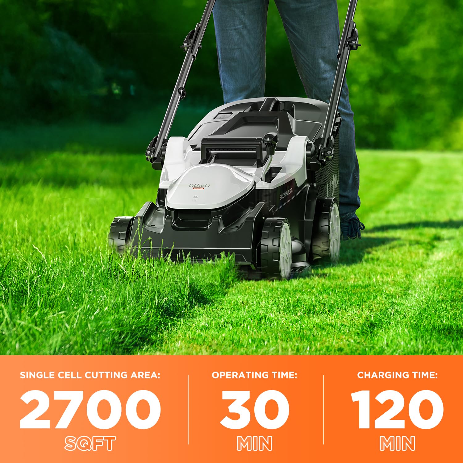 LiTHELi mower in use on grass demonstrating efficient cordless mowing benefit