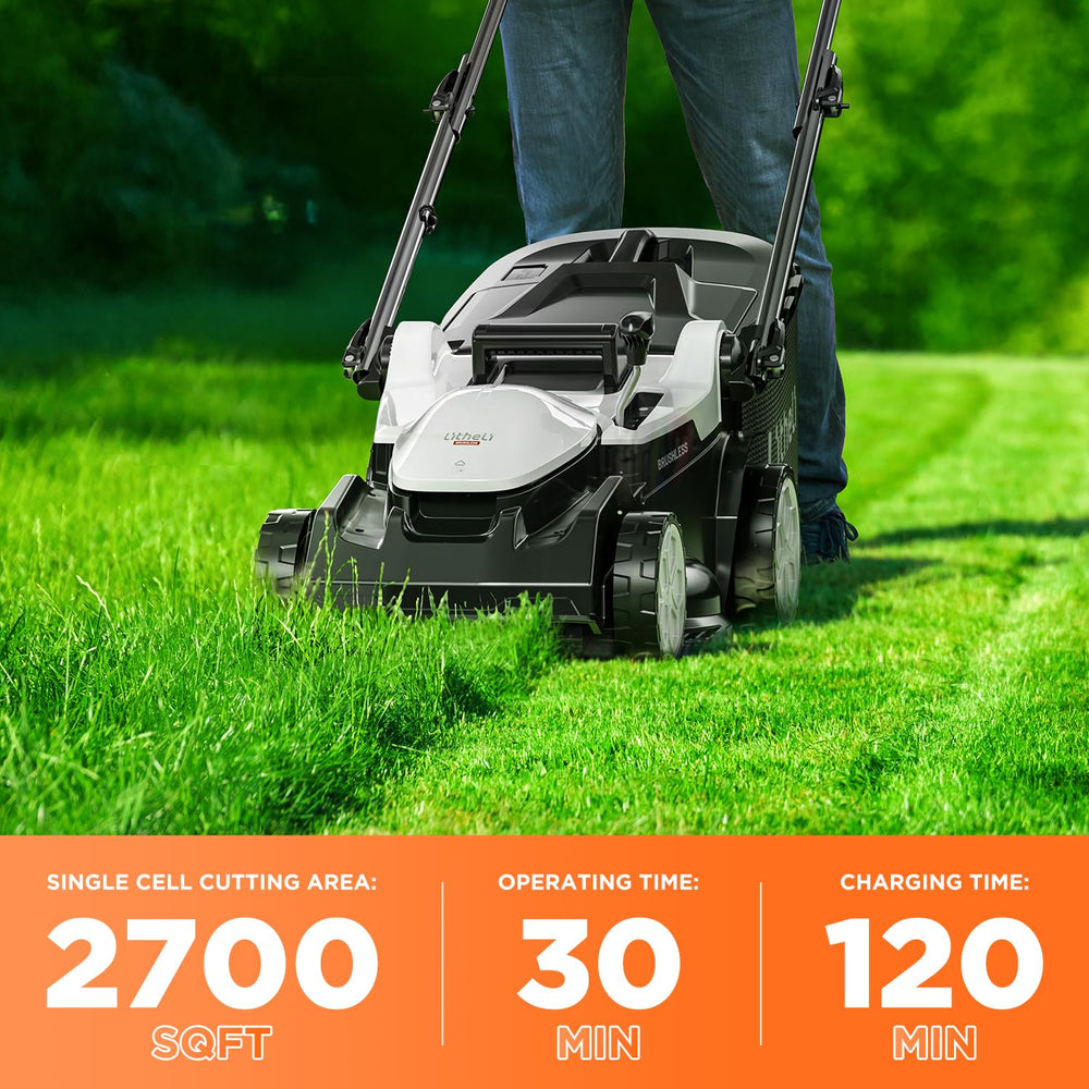 LiTHELi mower in use on grass demonstrating efficient cordless mowing benefit