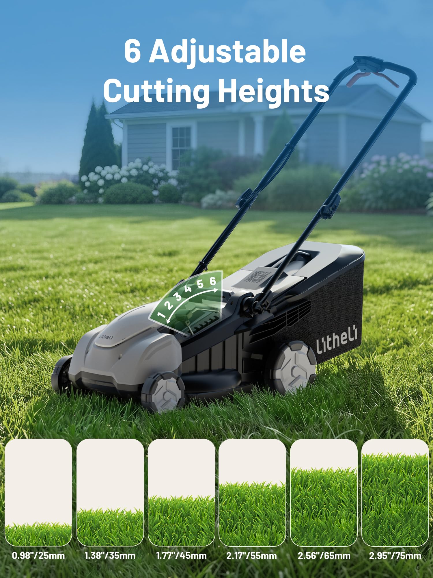 LiTHELi mower in use on lawn demonstrating self-propelled motion and tidy finish