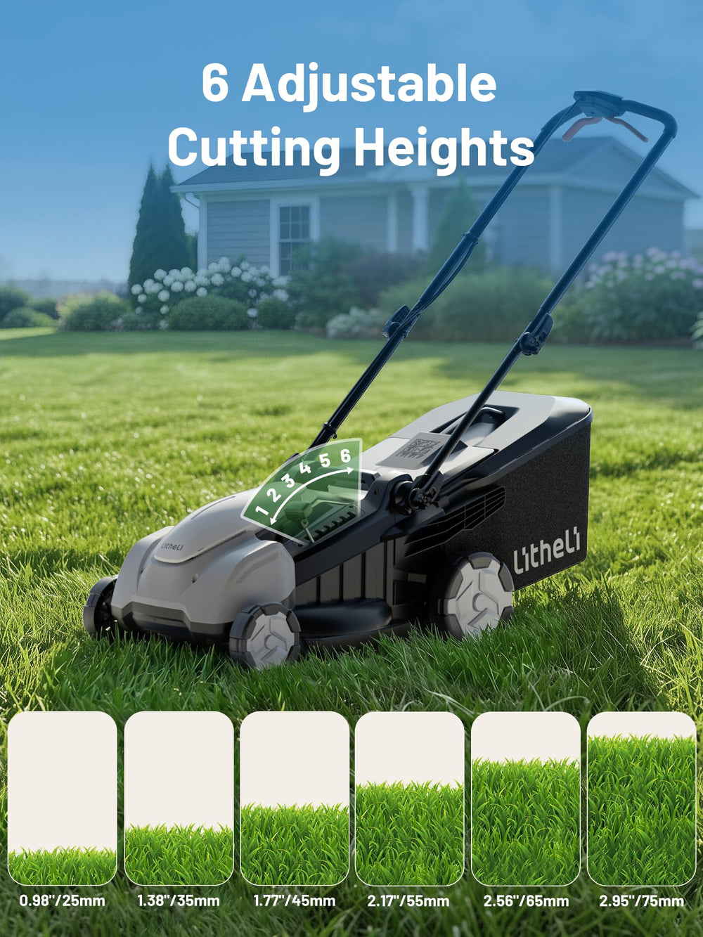 LiTHELi mower in use on lawn demonstrating self-propelled motion and tidy finish