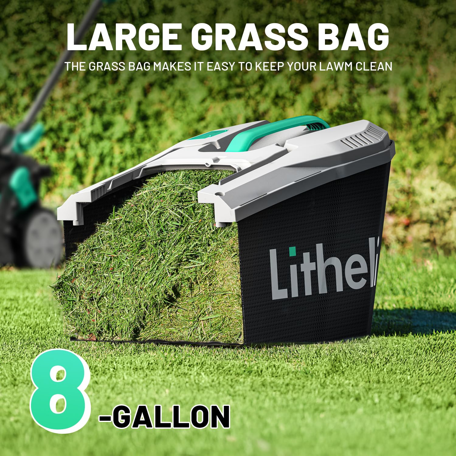 LiTHELi mower in use on lawn demonstrating quiet, clean cutting benefit
