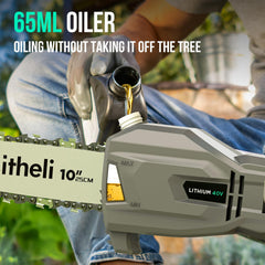 LiTHELi pole saw fully extended reaching high branch to avoid ladder use benefit