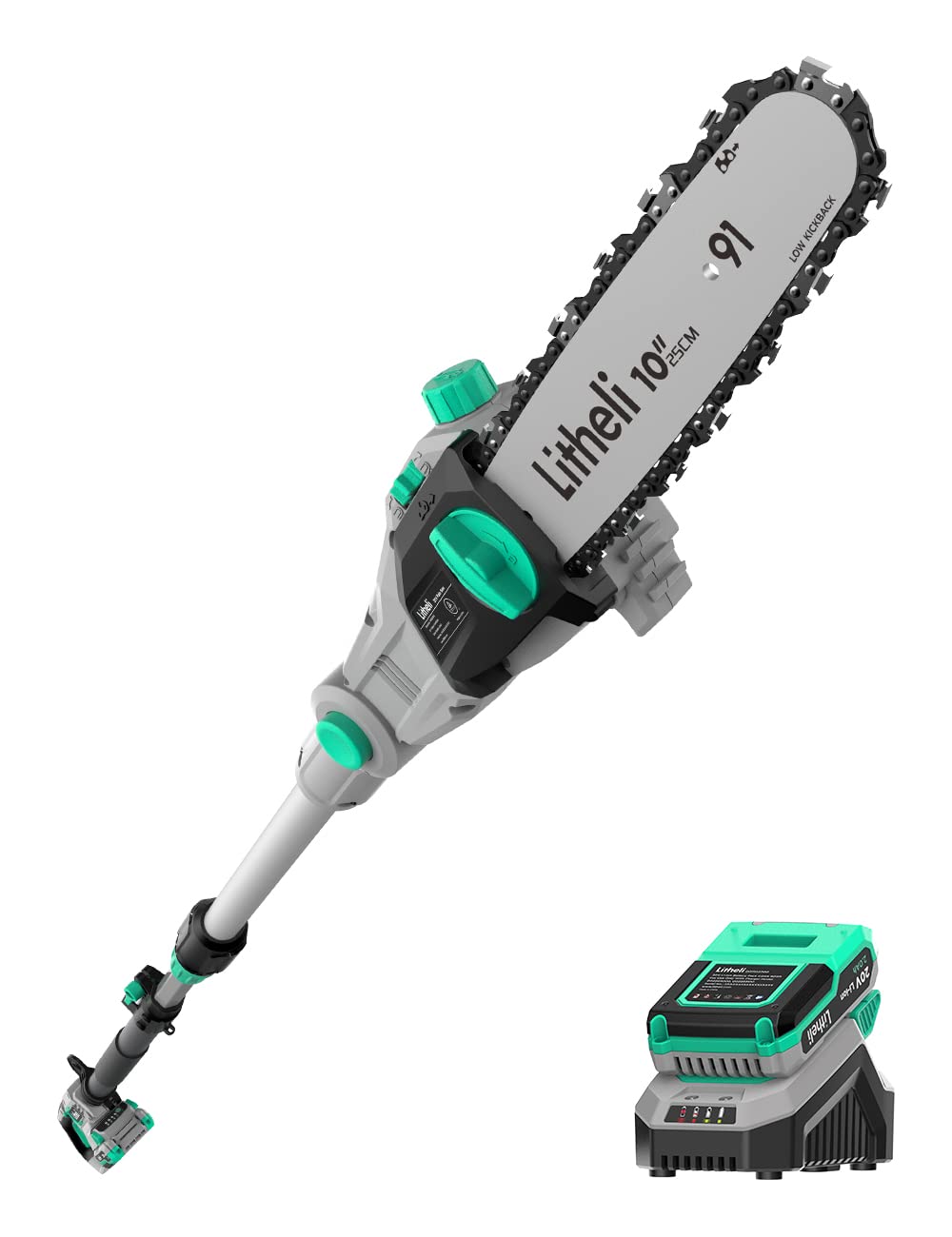 LiTHELi pole saw front view showing compact 10-inch bar and controls for easy handling