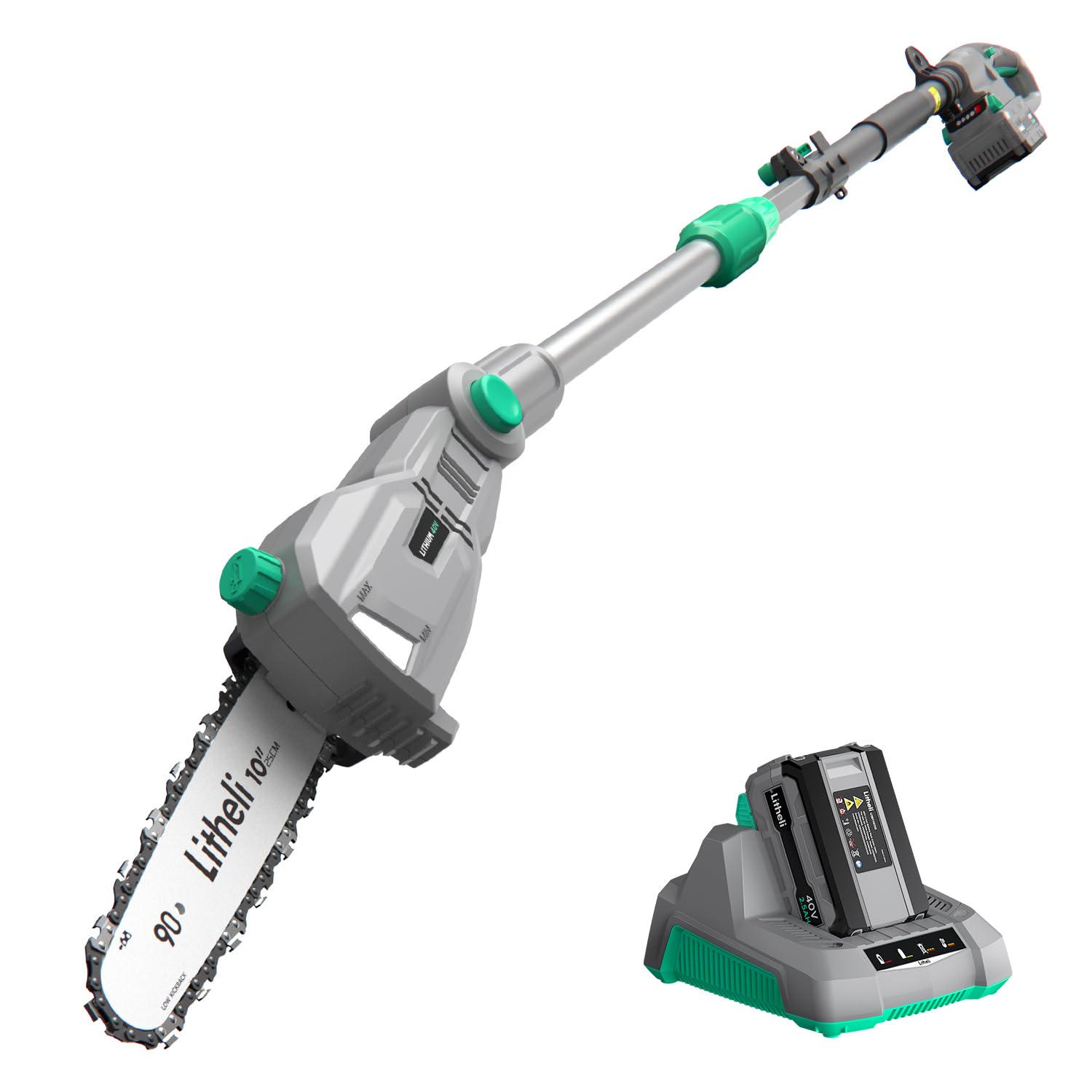 LiTHELi pole saw front view showing compact battery and guide bar benefit safe handling