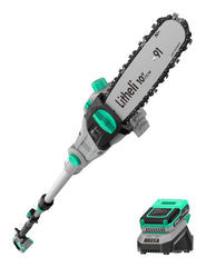 LiTHELi pole saw front view showing compact 10-inch bar and controls for easy handling