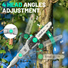 LiTHELi saw head angle close-up highlighting four-angle adjustment and tool-free tension