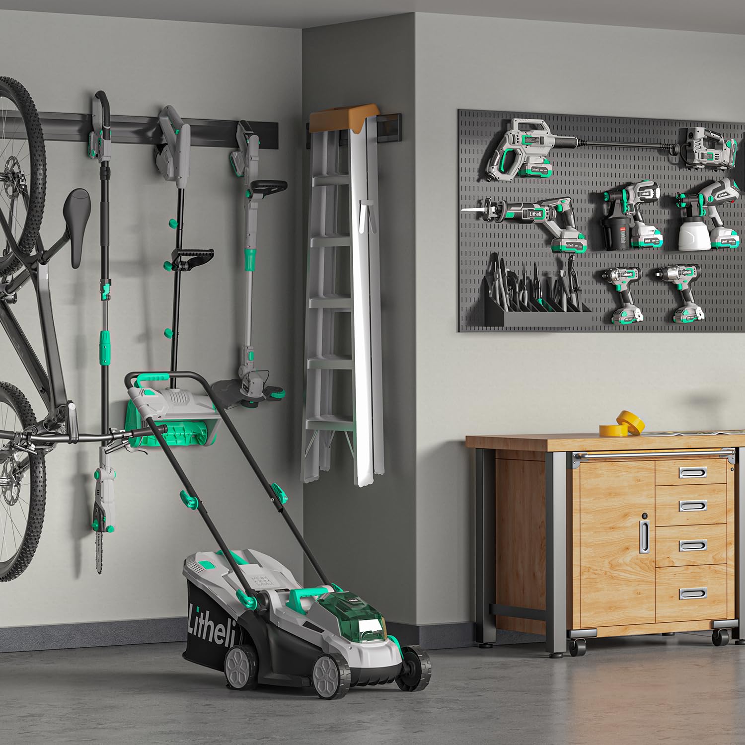 LiTHELi pole saw cutting a branch in a backyard illustrating cordless convenience and safety