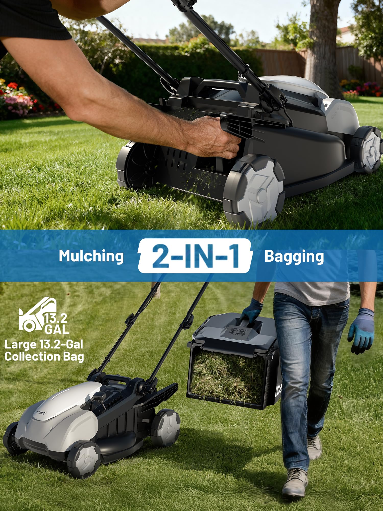 LiTHELi mower next to a person for scale showing 18-inch deck and compact storage