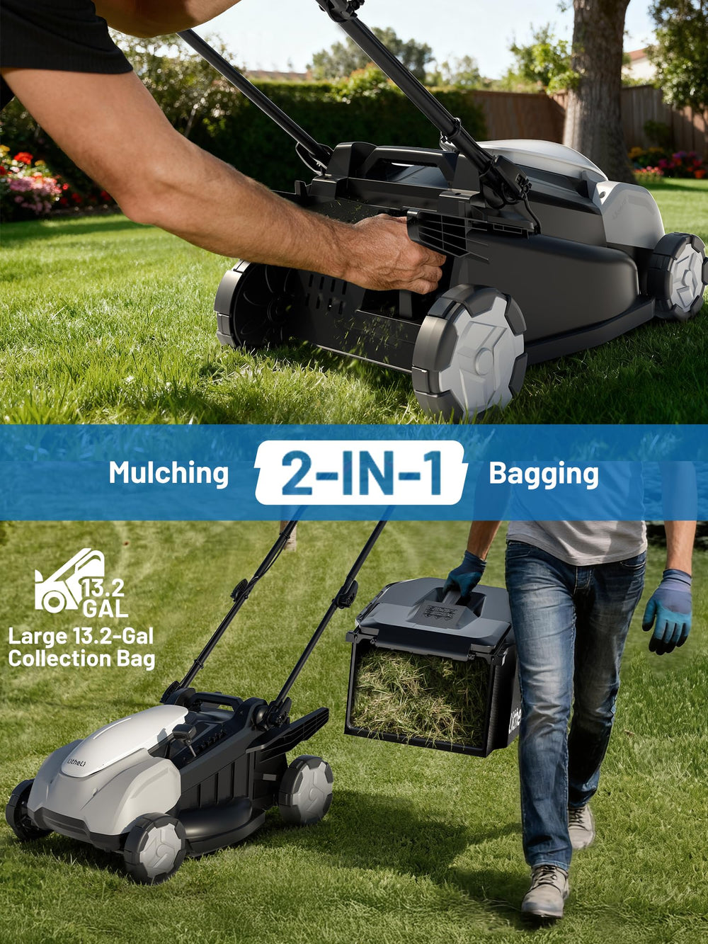LiTHELi mower next to a person for scale showing 18-inch deck and compact storage