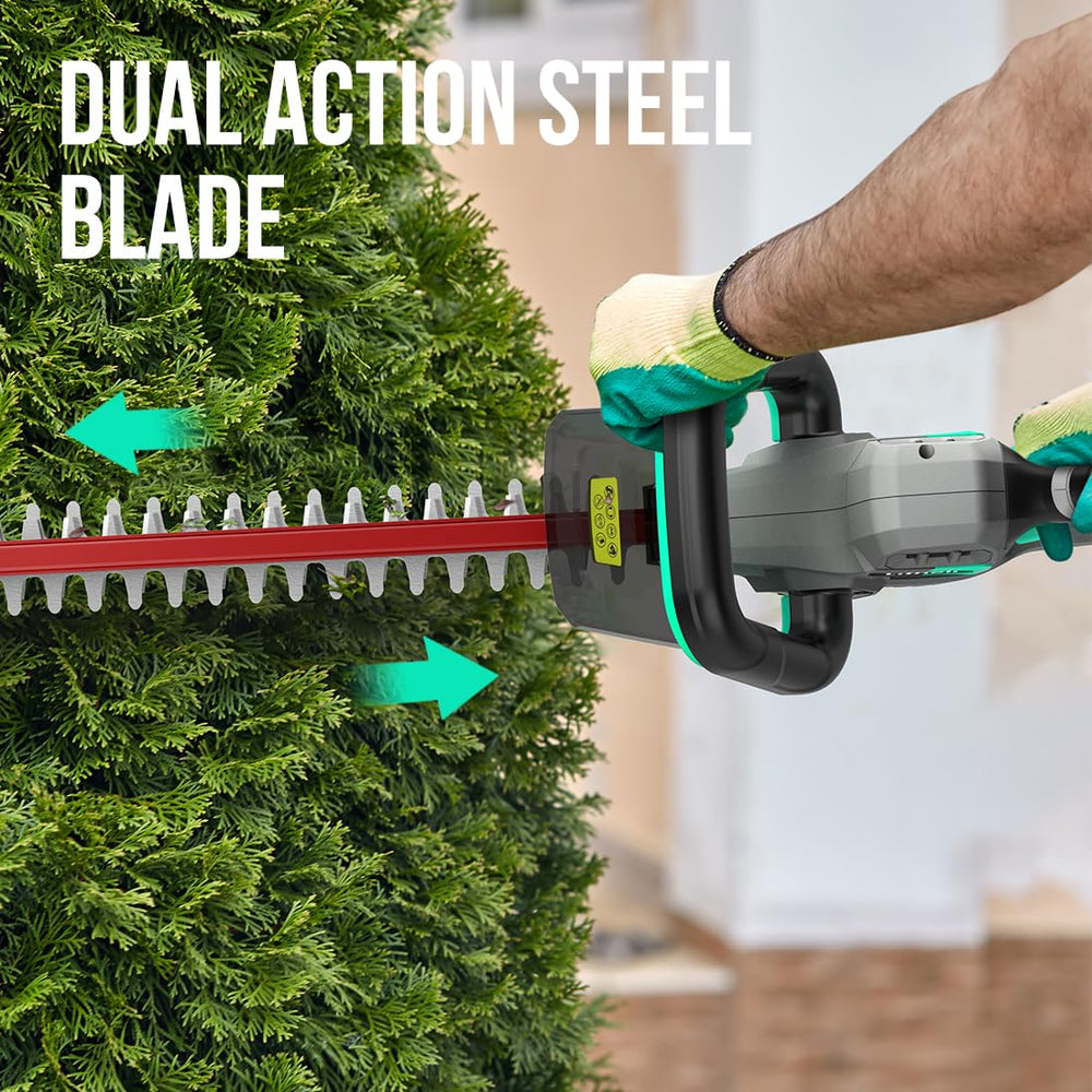 LiTHELi hedge trimmer cutting a shrub in yard, conveys efficient pruning results