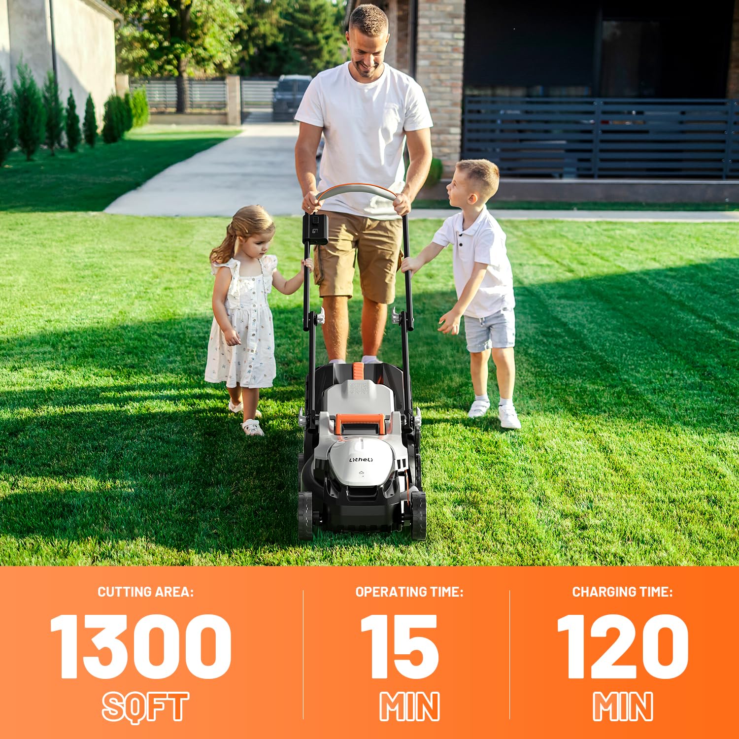 LiTHELi mower cutting grass in a garden for efficient lawn maintenance
