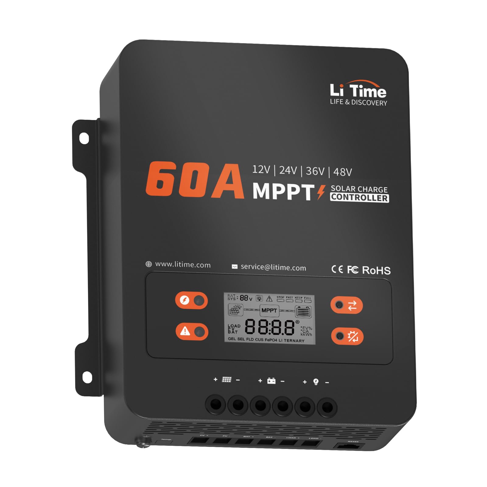 LiTime controller front panel showing ports and labels for easy installation