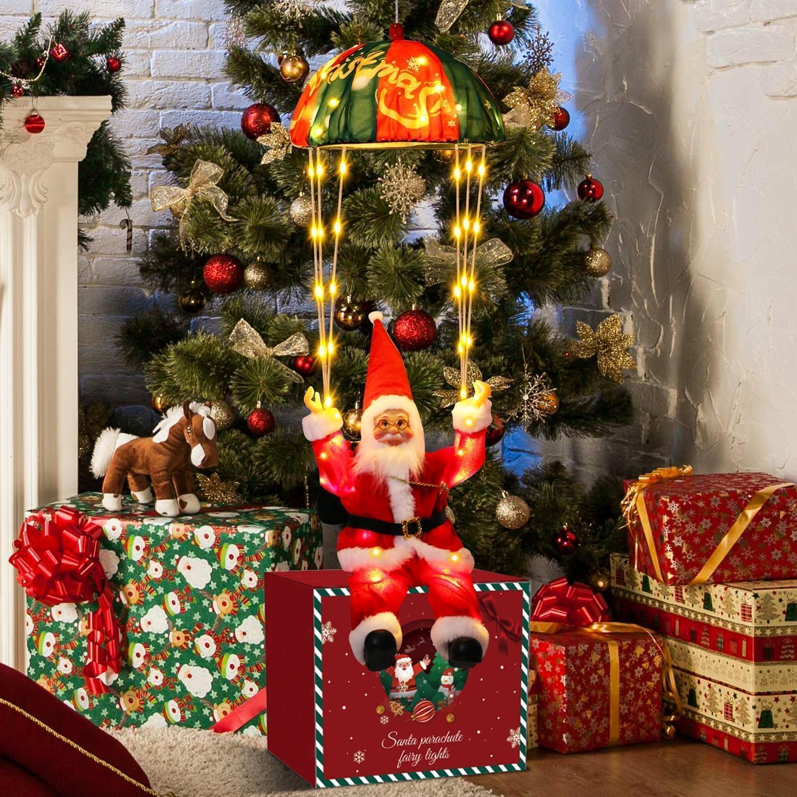litogo parachuting Santa close-up of LEDs highlighting vibrant color transitions and detail