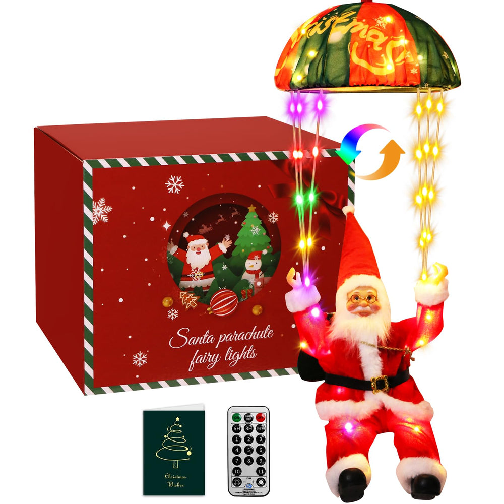 litogo parachuting Santa front view showing colorful LEDs and festive design for attention