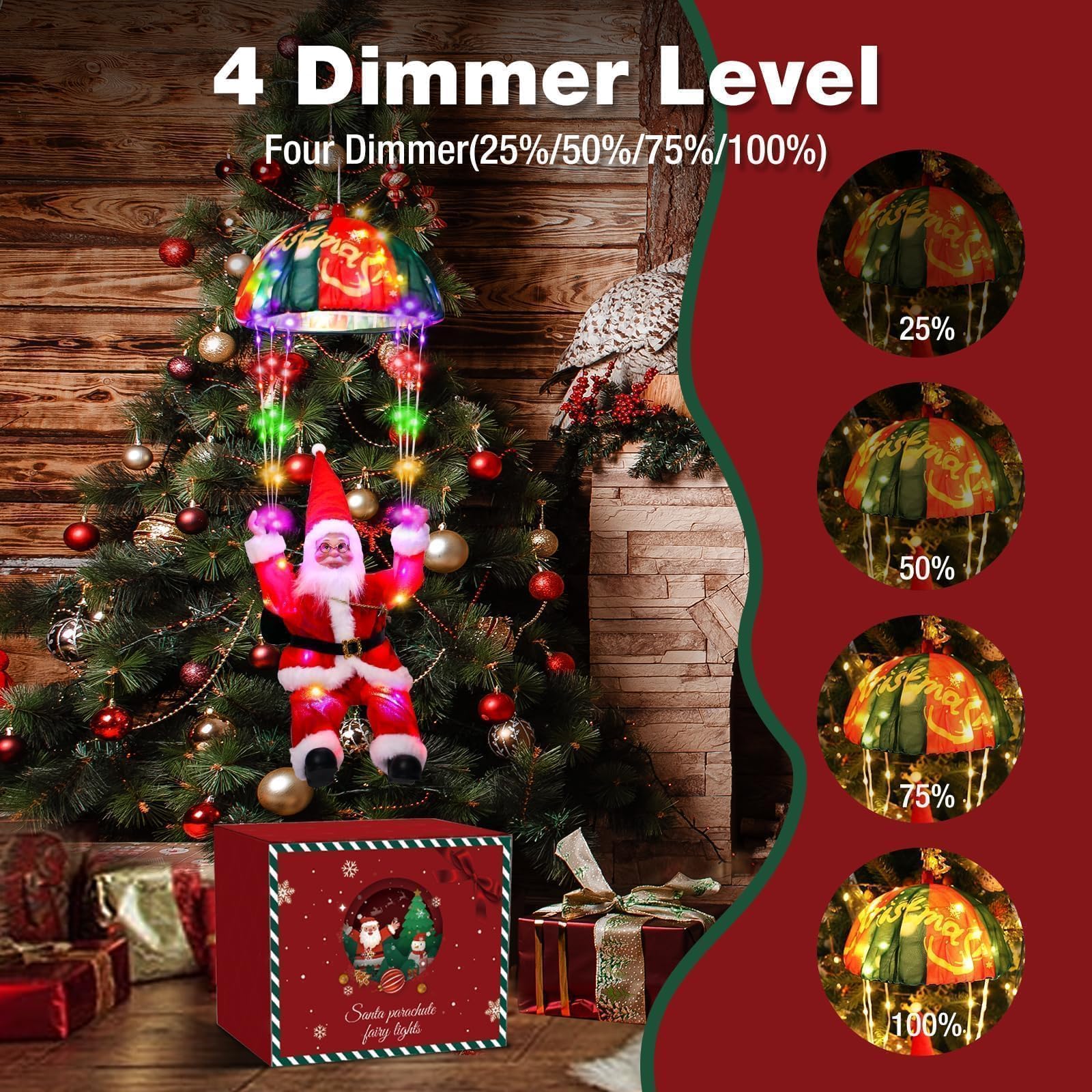 litogo parachuting Santa hanging on porch under eave providing covered outdoor decoration