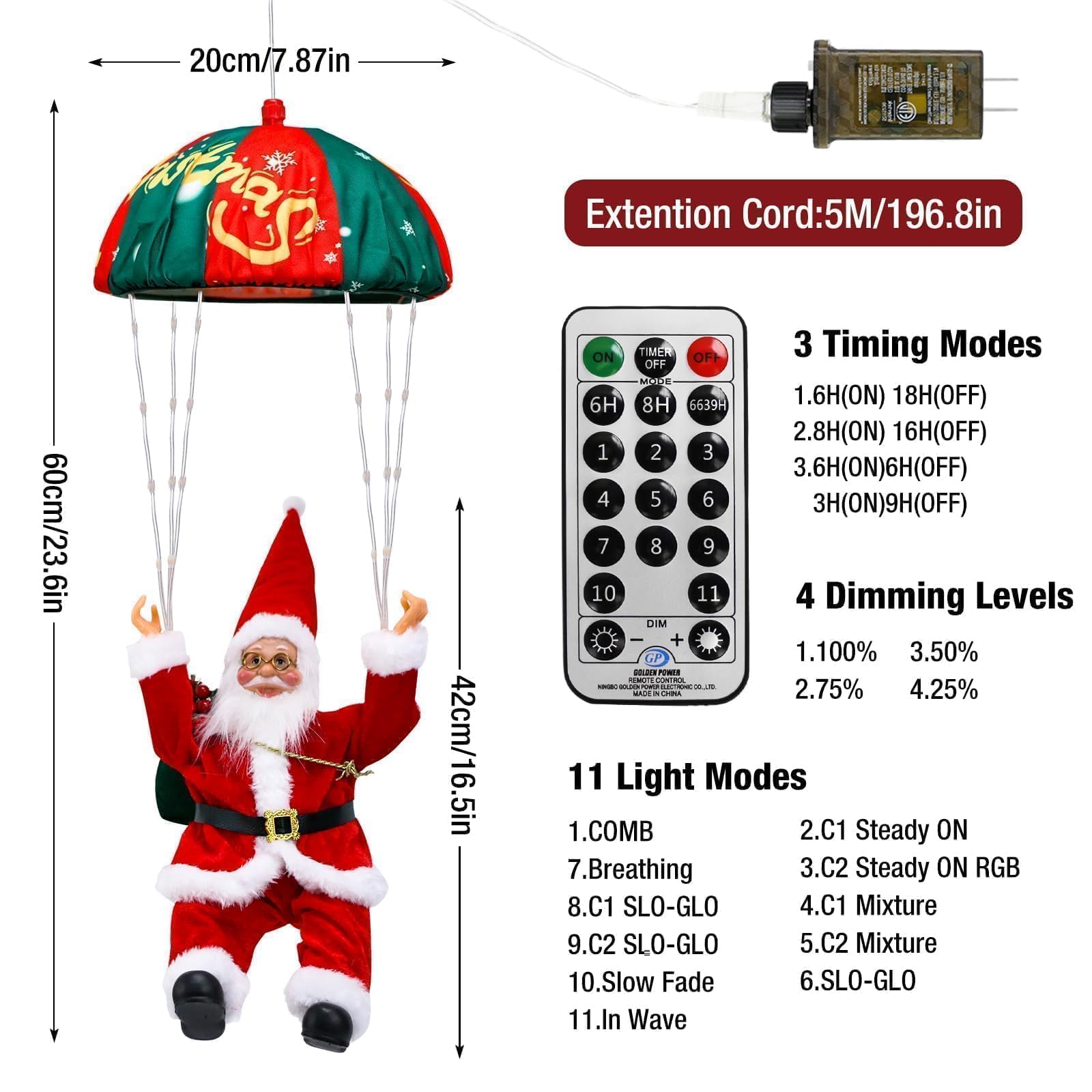 litogo parachuting Santa material detail showing durable plastic parts and LED coating