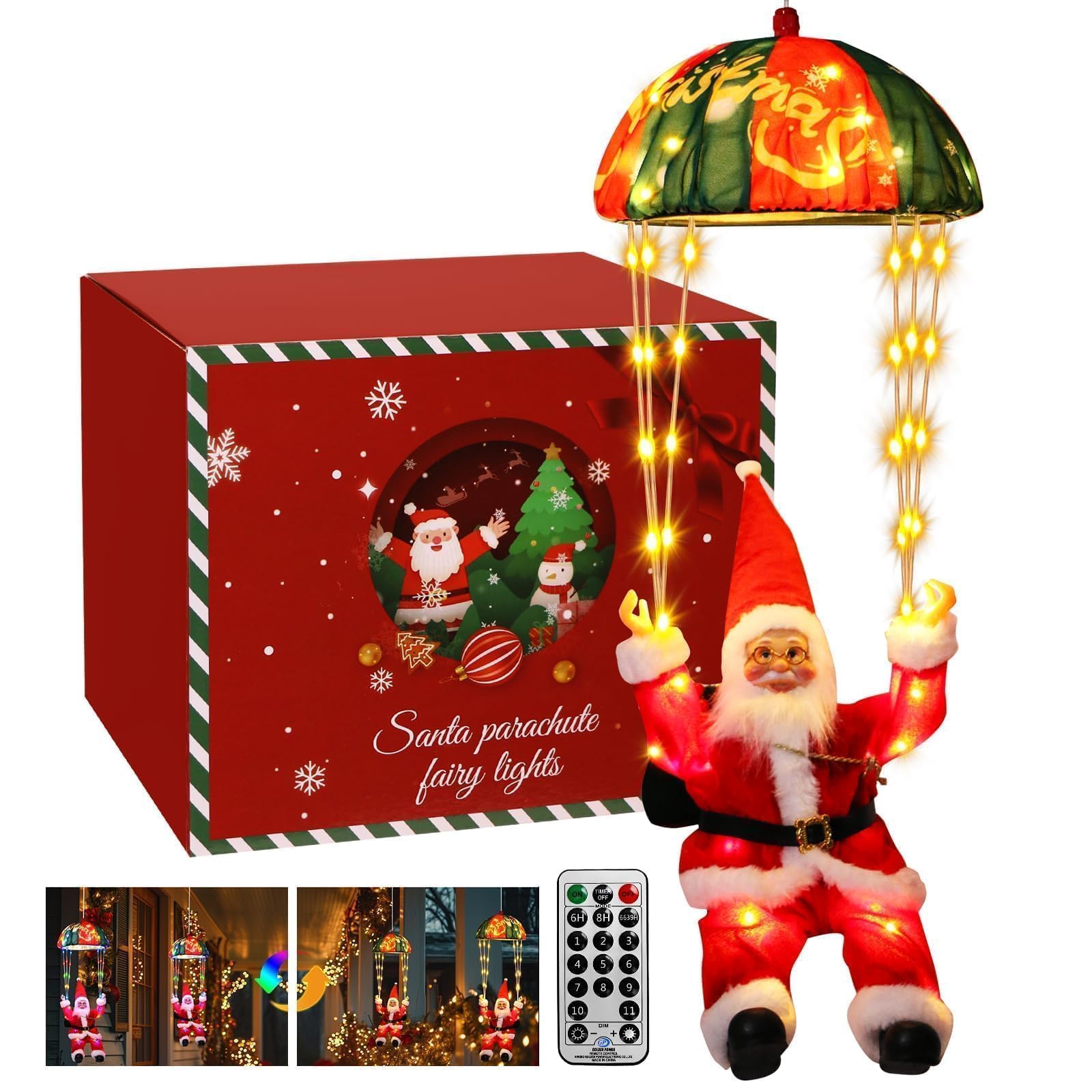 litogo parachuting Santa night display showing multicolor twinkle for festive ambiance