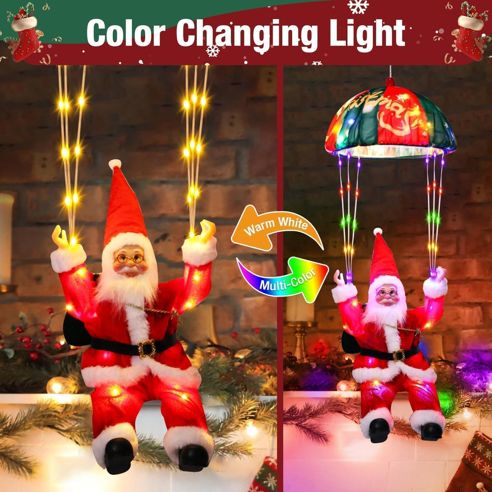 litogo parachuting Santa beside ruler for scale showing two-foot height and placement ideas