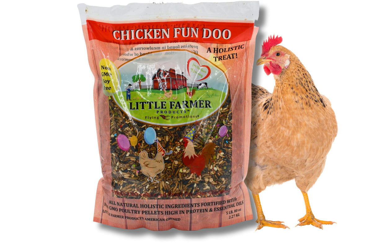 LITTLE FARMER PRODUCTS front packaging showing 5 lb chicken treat bag and branding
