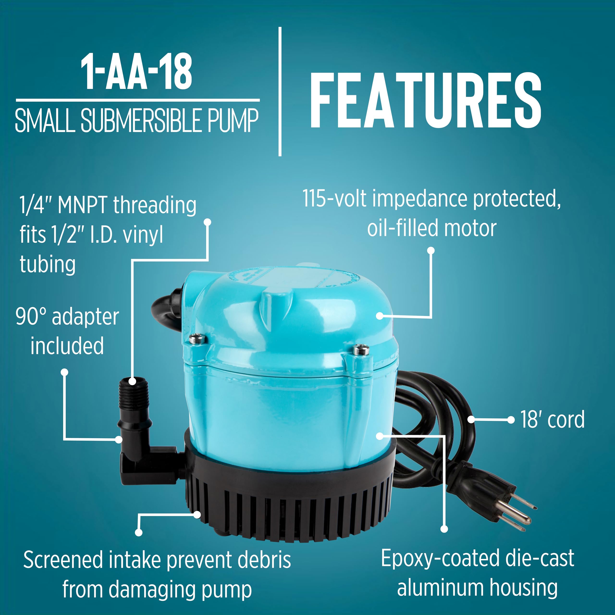 Little Giant long 18-foot cord and plug detail enabling flexible pump positioning