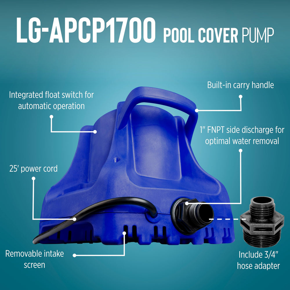 Little Giant LG-APCP1700 hose connection showing 1" FNPT and garden hose adapter ease