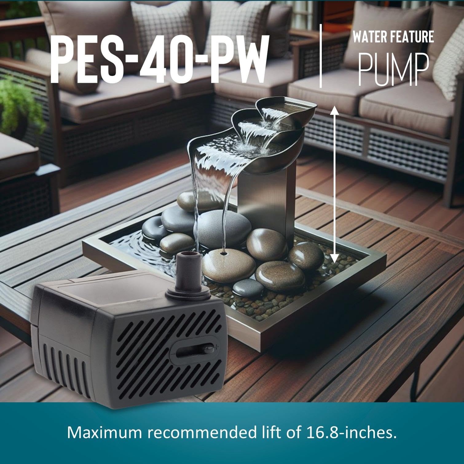 Little Giant PES-40-PW installed underwater in a small fountain for quiet continuous operation