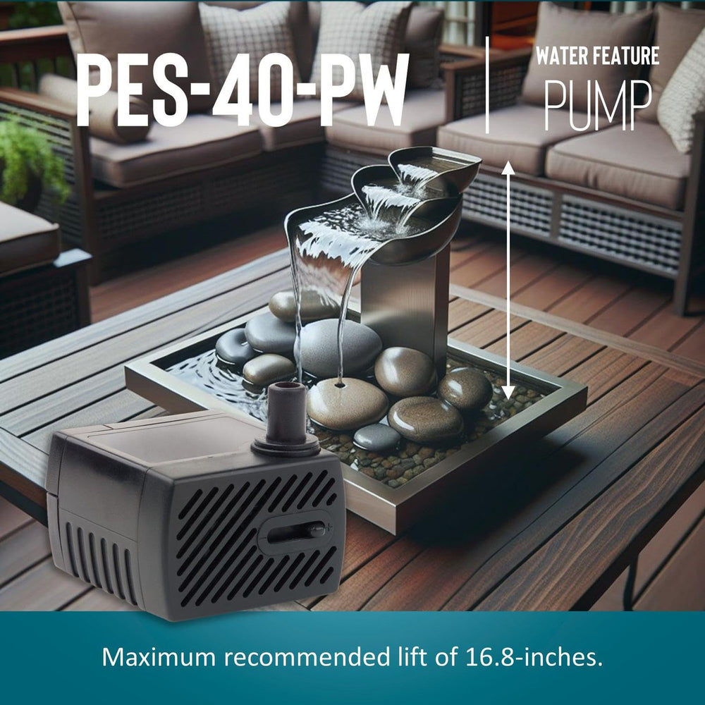 Little Giant PES-40-PW installed underwater in a small fountain for quiet continuous operation