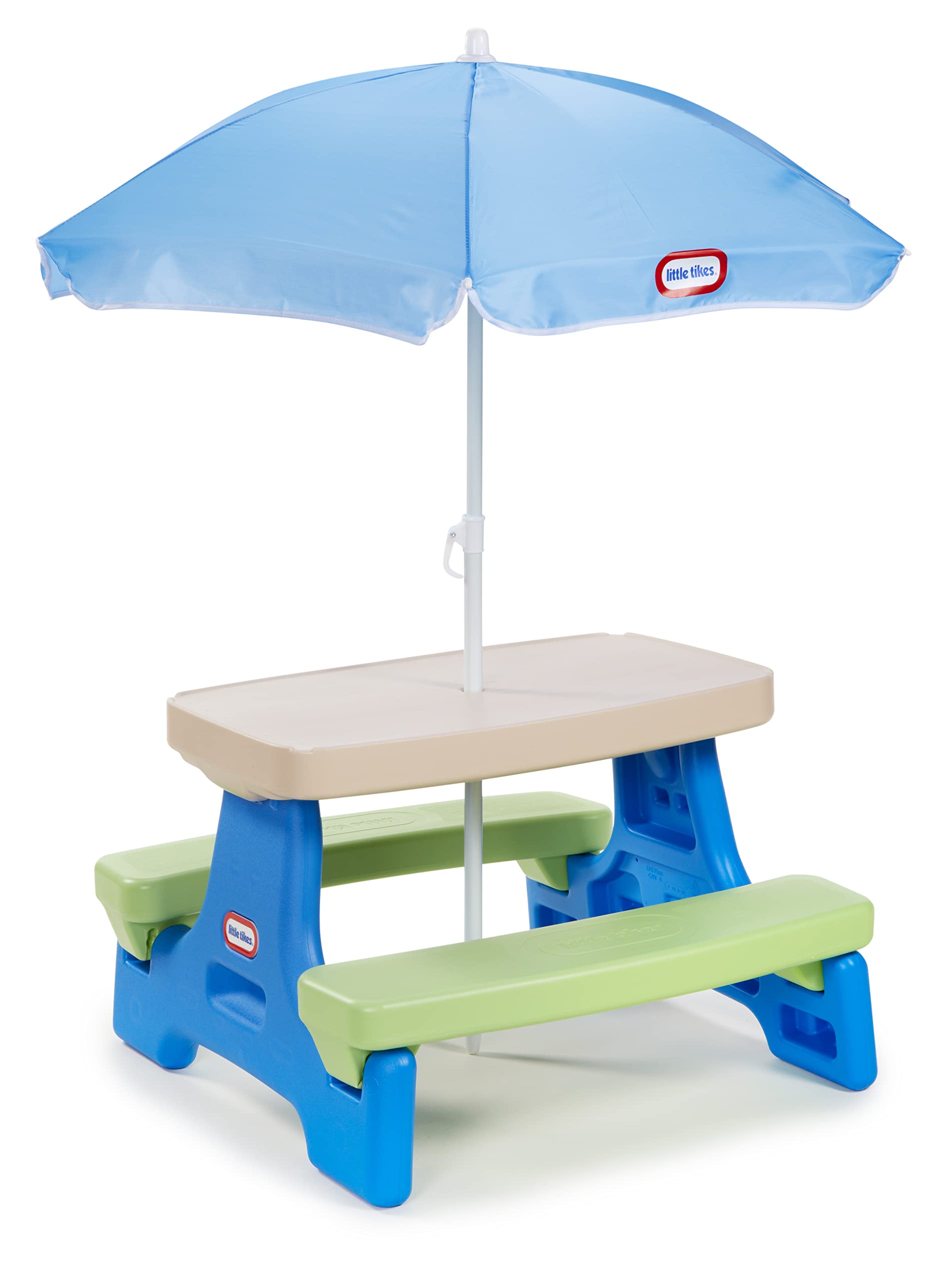 Little Tikes front view picnic table showing blue green finish and seats for four, easy cleanup benefit