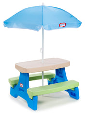 Little Tikes front view picnic table showing blue green finish and seats for four, easy cleanup benefit