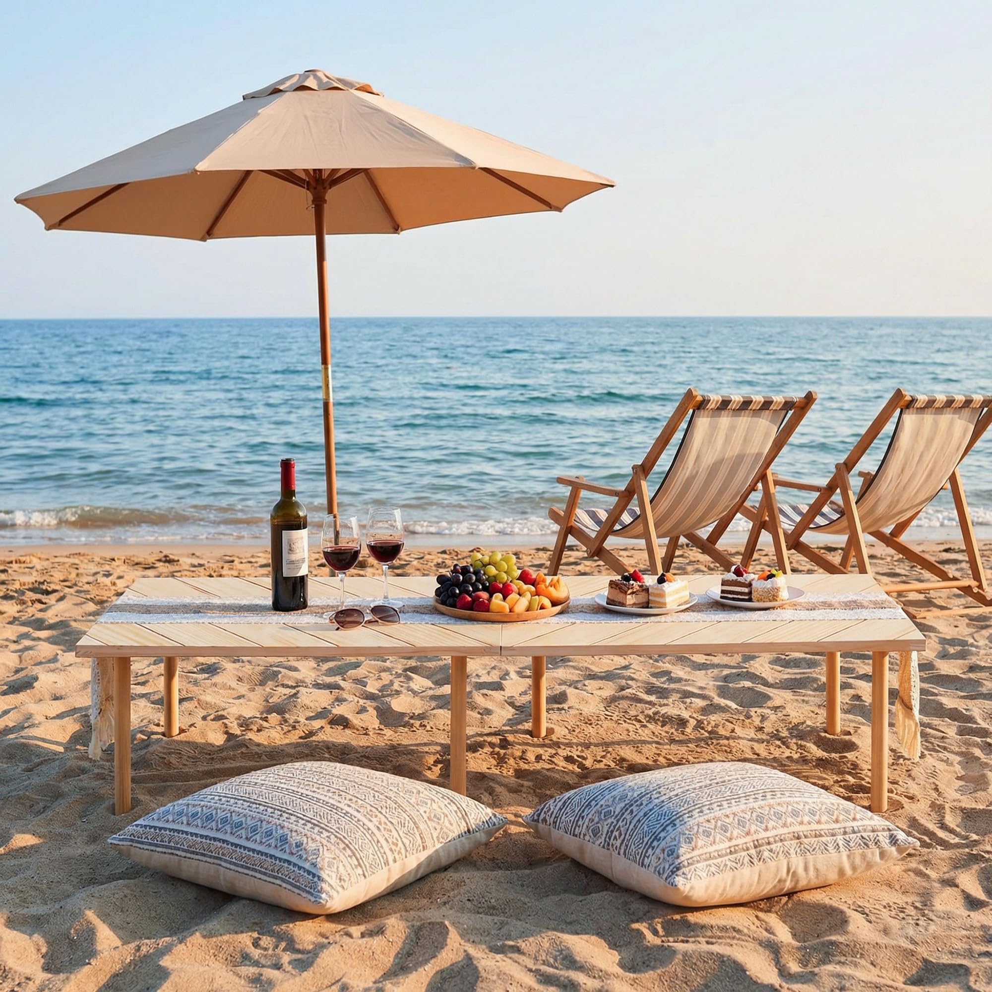 LITURTOO low picnic table on sand at the beach showing outdoor versatility