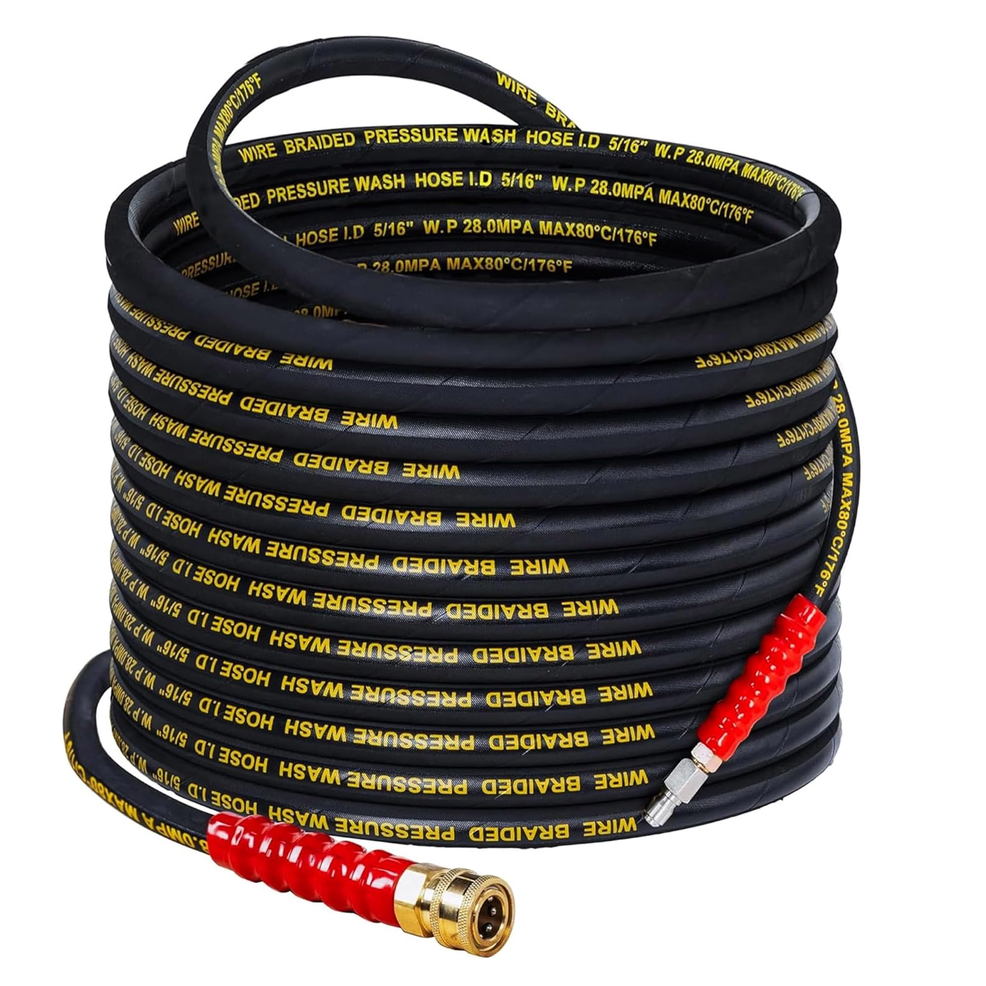LIULO TOOL front view of 50ft pressure washer hose showing full length and fittings