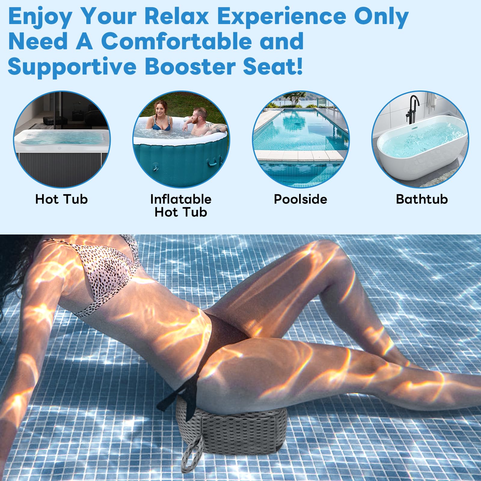LIUYALO booster seat in use raising sitter above spa waterline