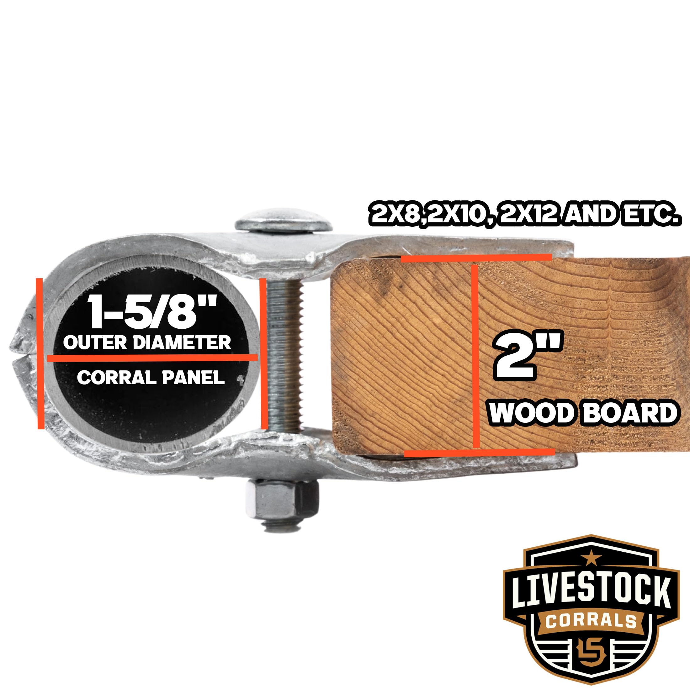 Livestock Corrals clamp securing a 2-inch board to 1-5/8" panel demonstrating containment benefit