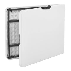 Living and More folded table lying flat to show compact storage and portability benefit