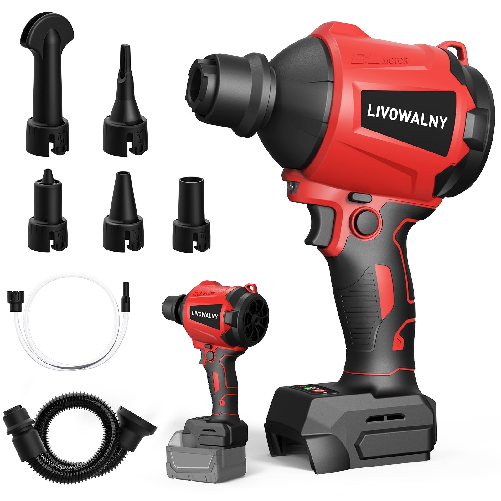 LIVOWALNY blower front angle showing compact design and quick cleanup benefit