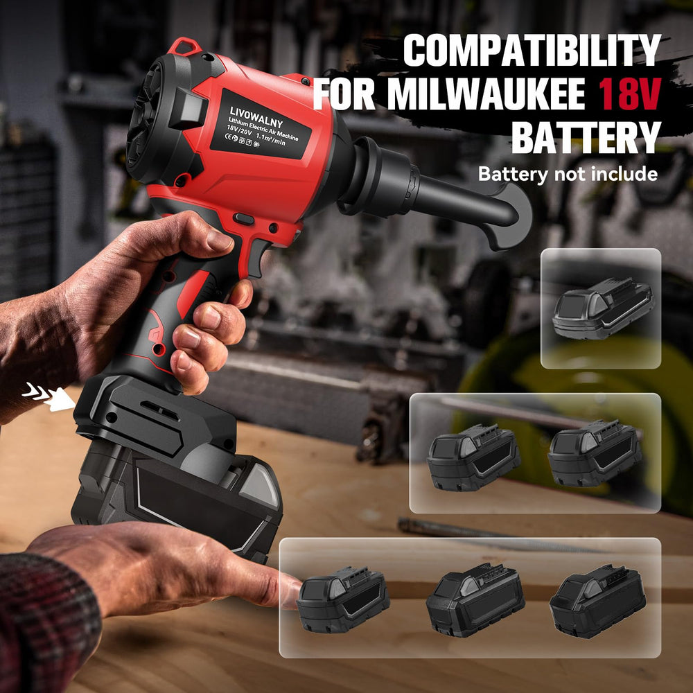 LIVOWALNY next to a Milwaukee 18V battery showing compatibility and scale