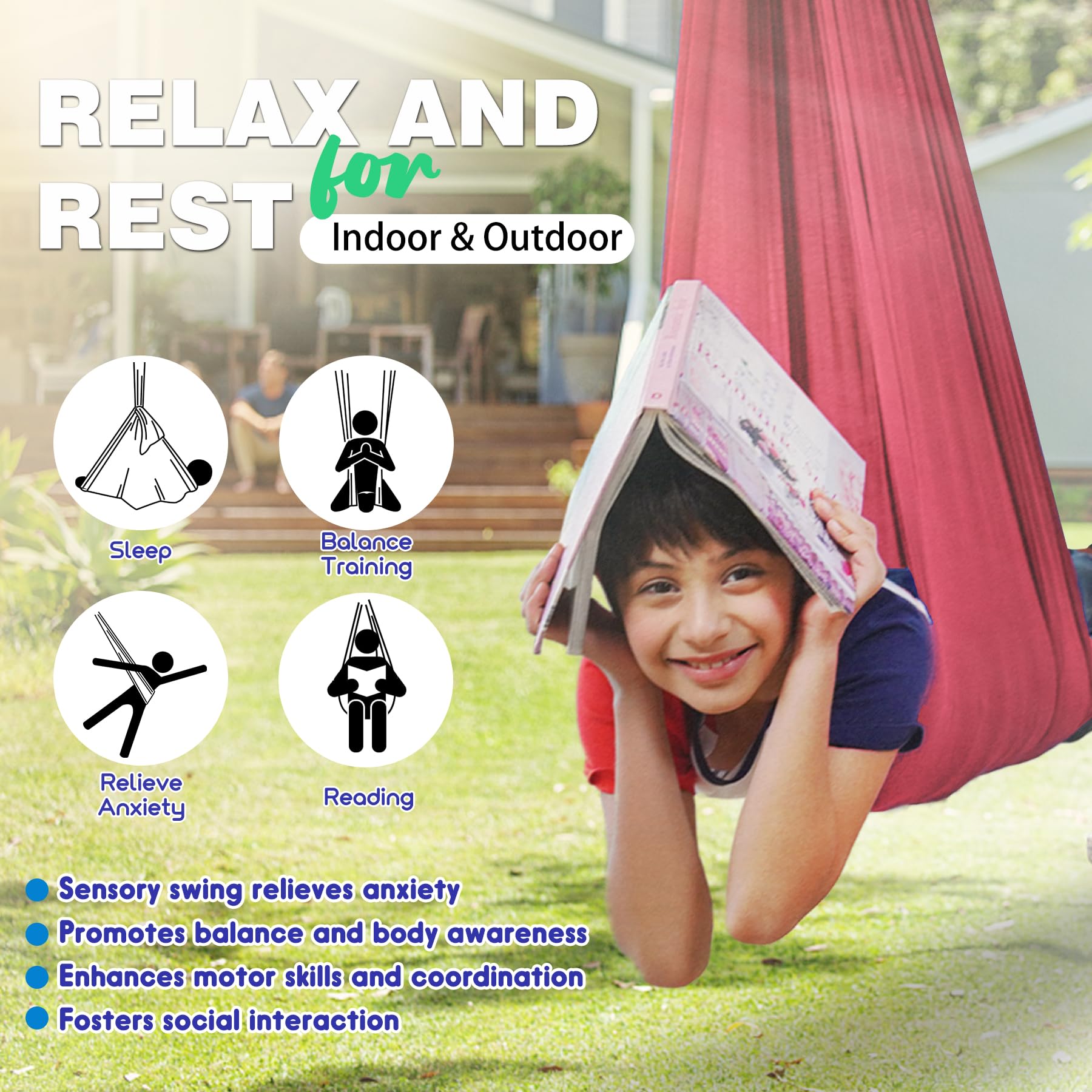 Lizznoe child in bedroom hammock demonstrating calming sensory input