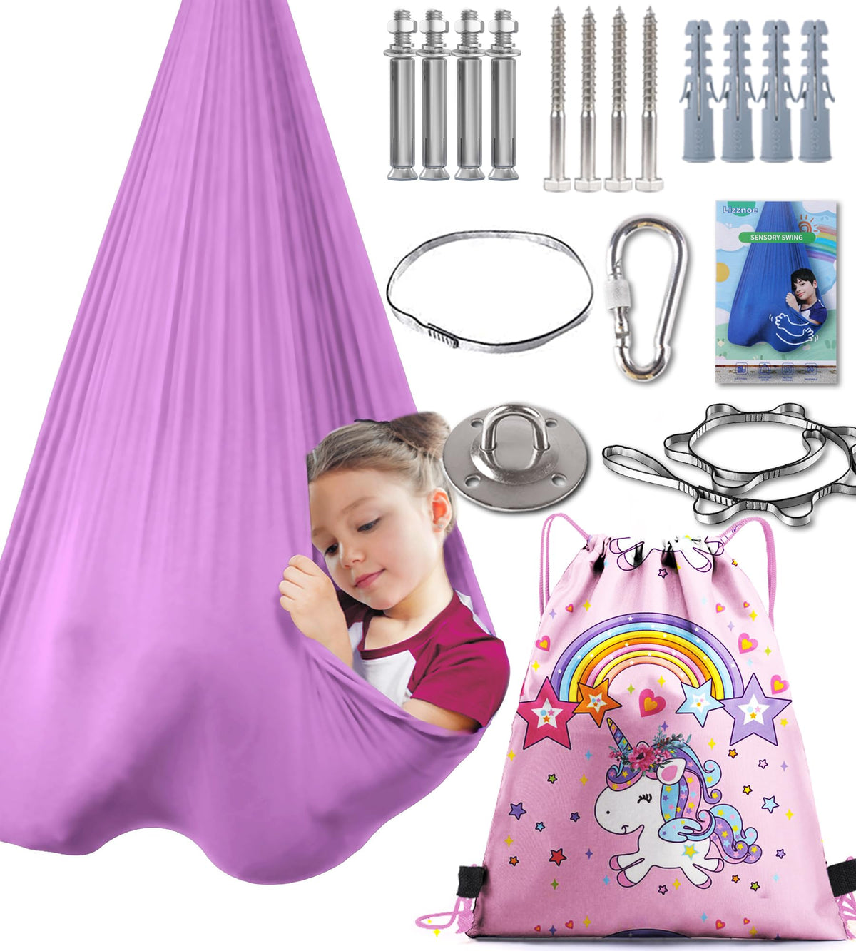 Lizznoe front view of sensory swing hung in room showing inviting entrance and comfort